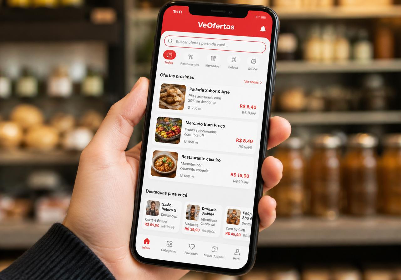 Aplicativo VeOfertas no celular mostrando ofertas locais