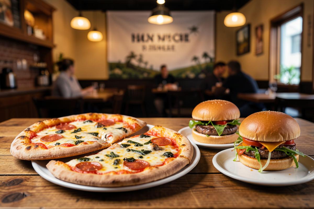Pizza e hambúrgueres servidos em um restaurante local
